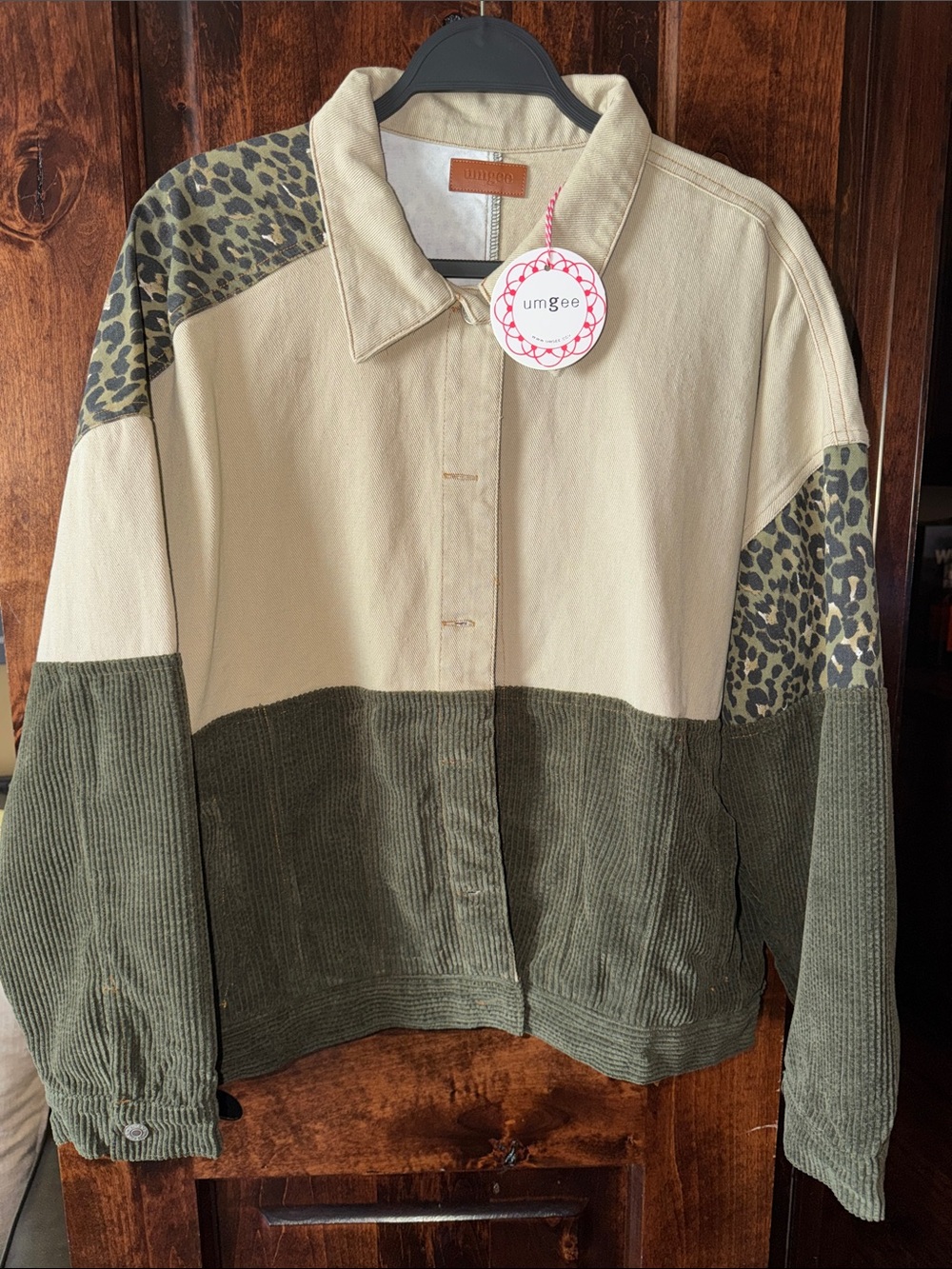 Umgee Two-Tone Corduroy Utility Jacket with Leopard Panels - Olive & Cream